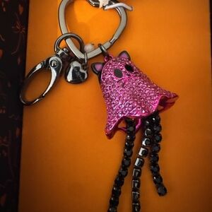 Betsey Johnson Pink Cat Ghost Rhinestone Charm Keychain NWT